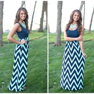 EUC Pink Lily Navy & Mint Chevron Maxi sleeveless Dress size Small
